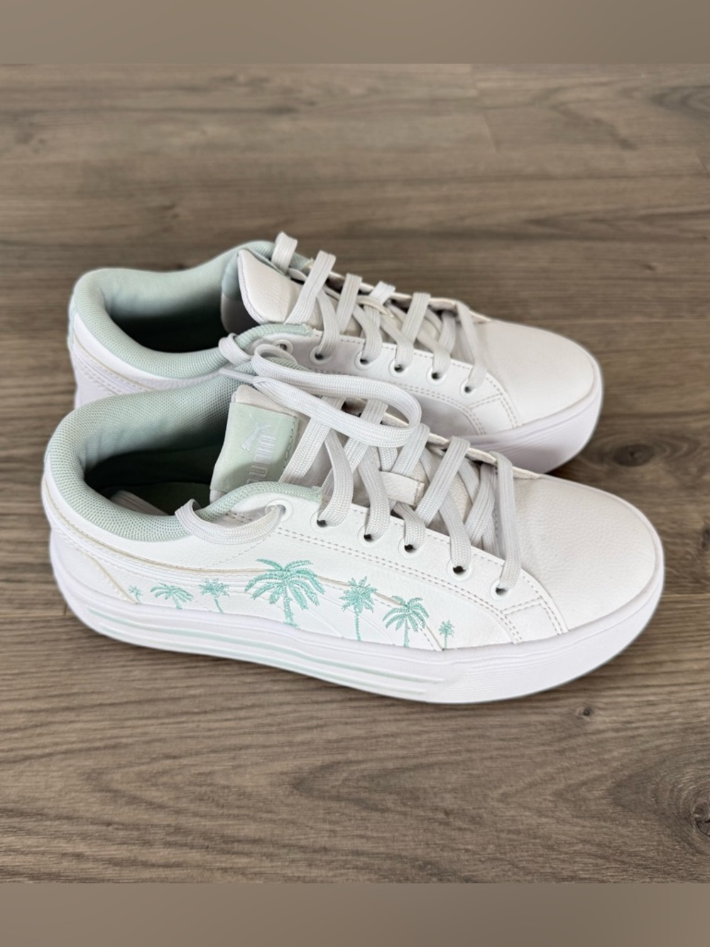 Puma White Sneakers with Mint Palm Tree Accents